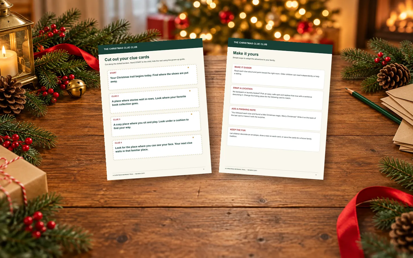 Sample pages from the Christmas clue trail, content in review